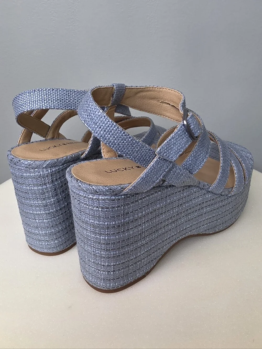 Lucky Brand LK-Carlisha Gray Blue Lead Vada Woven Platform Wedge Sandals 7.5 NIB